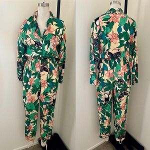Vintage Carol Anderson Tropical Toucan Floral Green Jumpsuit 9/10